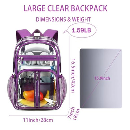 Cusangel Large Clear backpack for Girls,16in See Through Heavy Duty Bookbag | Big Capacity Transparent bulk Plastic Bag For Stadiums,School,Warehouses,Concert venues Airport security checkpoints(Purple) - color: Purple-16.5in