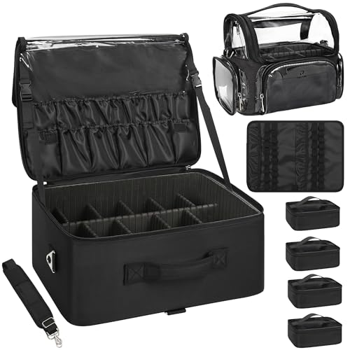 Relavel Extra Large Makeup Case Professional Cosmetic Storage Organizer Box Brush Holder with 4 Clear Set Bags & Lipstick Plate & Clear Makeup Brush Case for Makeup Artists Black - color: Black with Brush Case, size: Extra Large