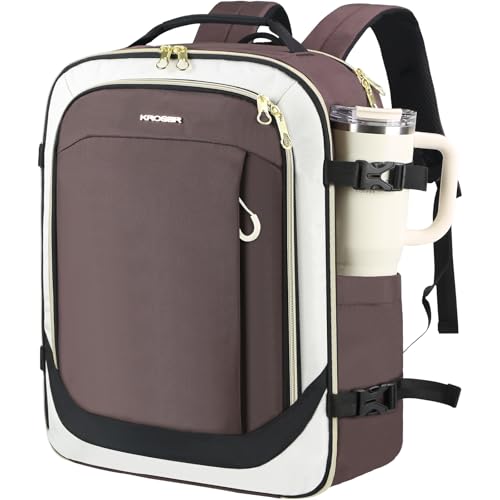 KROSER Laptop Backpack Large Computer Backpack Fits up to 17 Inch Laptop Water-Repellent 40L Travel Backpack Casual Daypack for Business/College/Women/Men-Beige/Coffee/Black - color: Beige/Coffee/Black