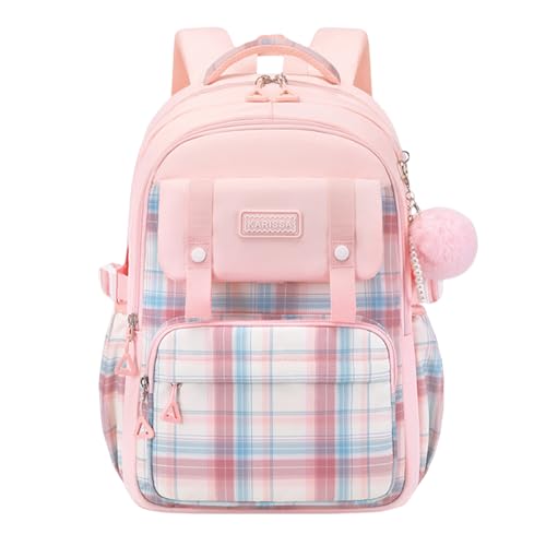 Cute Backpack for Girls, Large Capacity Kids Bookbag for Elementary Middle School Students Waterproof Kawaii Preppy Aesthetic Plaid Backpack Age 4-16 with Cute Accessories (Pink) - color: Pink