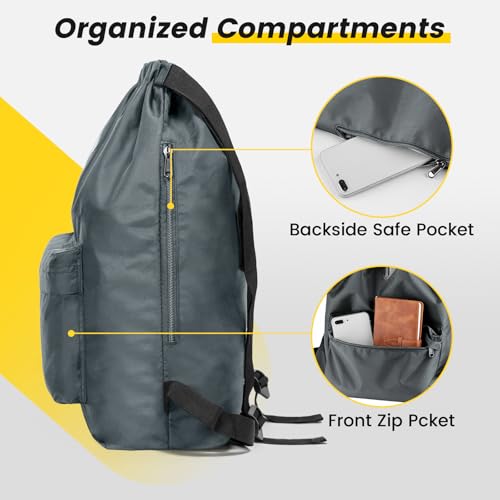 Vorspack Drawstring Backpack Water Resistant String Bag Sports Gym Sack with Side Pocket for Men Women - color: Grey