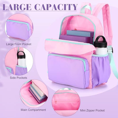 1 Piece Nylon Backpack Kids School Backpack for Toddler Girls Boys Plain Waterproof Preppy Bookbags Travel for Student (Pink and Purple) - color: Pink and Purple