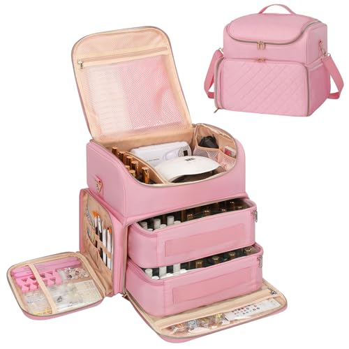 CUBETASTIC Extra Large Nail Polish Organizer Case Holds 86 to 100+ Bottles & Nail Lamp, Nail Supplies Storage Bag with 2 Removable Pouches, Nail Art Travel Box - color: Light Pink