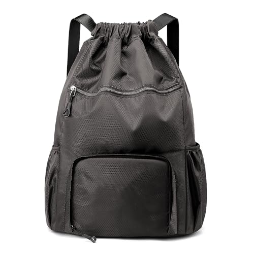 Sports Drawstring Backpack Gym Sack with Shoe Compartment, Durable Oxford Fabric, Wet-Proof Pocket, Water-Resistant Cinch Bag for Men & Women, Foldable & Spacious Athletic Sackpack for Travel Fitness - color: Pitch Black