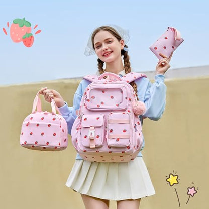 AO ALI VICTORY Backpack for Girls with Lunch Bag Kids School Bags for Elementary Middle School Students Cute Bookbag Set (strawberry set) - color: Strawberry Set