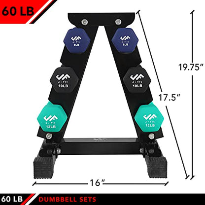 JFIT Dumbbell Pairs or Sets – Neoprene & Vinyl Coated Hand Weights for Home Gym, Strength Training, Aerobics, Cardio Exercise and Fitness - size: 60 lbs (Set), style: Dumbbell Set with Rack