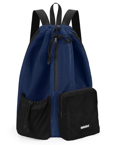 WANDF Swim Bag for Swimmers, Mesh Beach Backpack - color: Navy Blue With 2 Front Pockets, size: Large