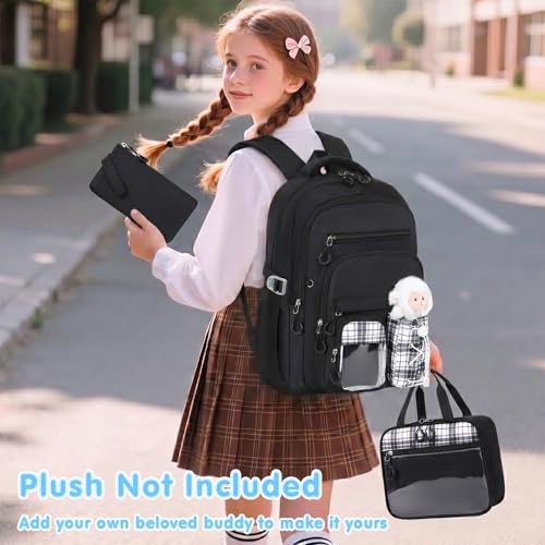 GeeWin Girls Backpack for School with Lunch Box & Pencil Case Set, 17 Inch Stylish Plaid Girls Bookbag with Lots of Pockets for Kids, Teens, Elementary Middle High College School Student (Black) - color: Black