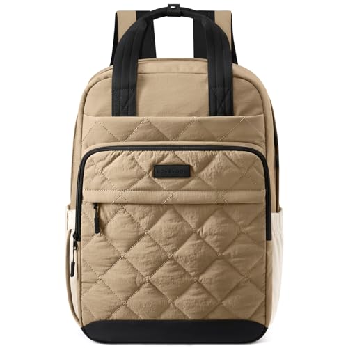 LOVEVOOK Puffer Backpack for Women Fits 15.6 Inch Laptop, Quilted Travel Backpacks Purse with Large Cup Holder, Teacher Computer Work Bags College Shool Bookbag, Puffy Carry On Personal Item Bag - color: White/Khaki/Black, size: 15.6 inch