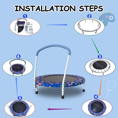 Mersco 36" Mini Toddler Trampoline with Handles, Indoor Quiet Kids Trampoline with Super Safety Mat and Durable Steel Frame, Indoor/Outdoor - color: Deep Blue Print