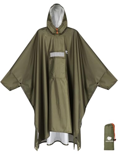 ANYOO Hooded Rain Poncho for Adults Waterproof Lightweight Rain Coat for Men Women Reusable Rain Jacket for Emergency Outdoor - color: Olivegreen