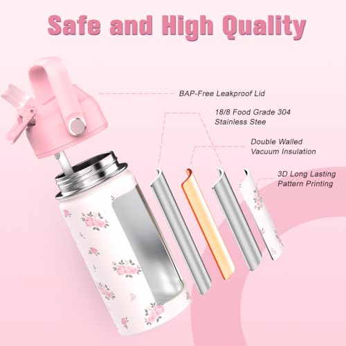 Bevalsa Backpack for Girls, School Bookbag Teen Girls Backpack Set with 14oz Insulated Water Bottle Stainless Steel, Lunch Bag & Pencial Case for Kids Elementary Middle Student (Pink Floral) - color: Pink Flower