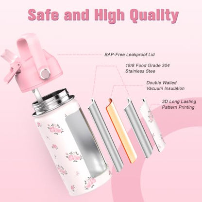 Bevalsa Backpack for Girls, School Bookbag Teen Girls Backpack Set with 14oz Insulated Water Bottle Stainless Steel, Lunch Bag & Pencial Case for Kids Elementary Middle Student (Pink Floral) - color: Pink Flower