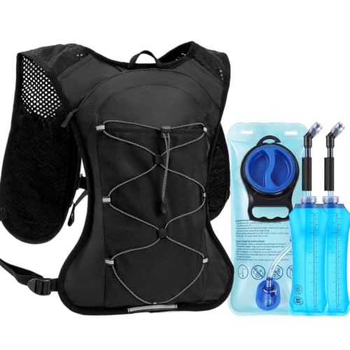 HIPONY Hydration Backpack with 2L Leak-Proof Water Bladder, Lightweight Running Hydration Pack, Adjustable Vest Style Water Backpack for Trail Running, Cycling and Biking - size: 2L Bladder & Two 500ML Soft Bottles