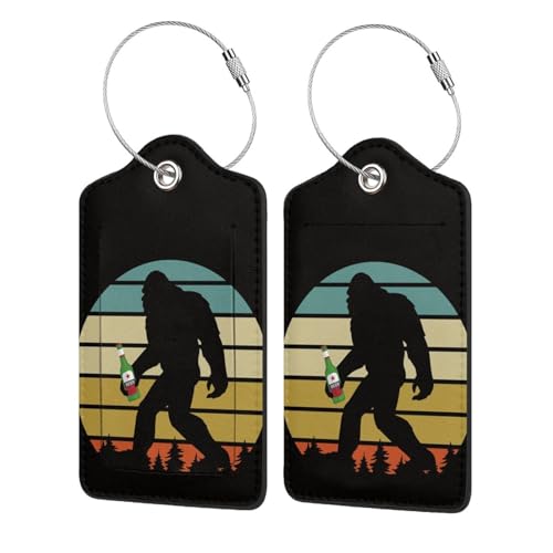 2P Funny Vintage Bigfoot Love Drinking Beer Drinker Luggage Tags Privacy Cover ID Label with Stainless Steel Loop and Address Card for Travel Bag Suitcase Funny Cute Man Women Kids - color: Sasquatch Beer