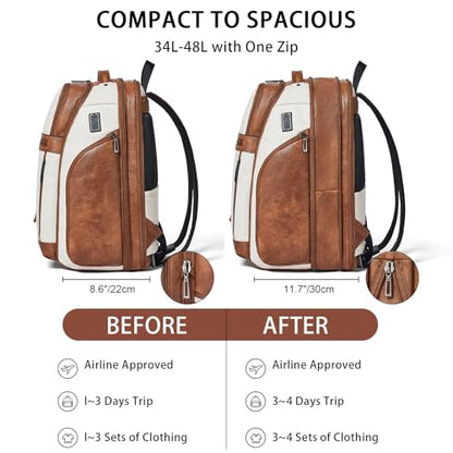 Shrrie Leather Backpack for Women, 17 Inch TSA Travel Backpack with USB Charger, 48L Expandable Large Capacity Computer Backpack Purse for Work Business Travel, Beige - color: Beige With Brown