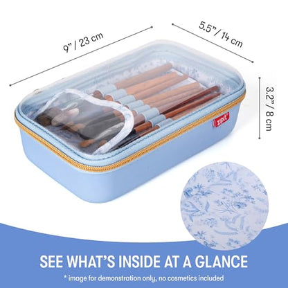 ZIPIT: Travel Makeup Bag - Blue & White Flowers - Protective Hard Shell, Large Cosmetic Case, Transparent Zipper Lid, Carry Handle, Toiletry Organizer - color: Light Blue