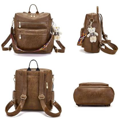 Soperwillton Women Backpack Purse Multipurpose Design Handbags Shoulder Bag PU Leather Travel bag Backpack Set 2pcs - color: Darkbrown
