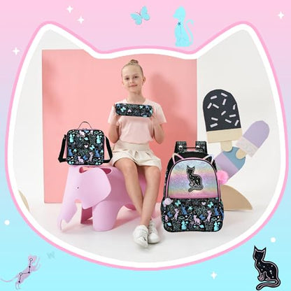 Cute Cat School Backpacks for Girls Backpacks for School Black Bookbag with Lunch Box for Elementary Students Ages 6-8 Years Old - color: Black Cat