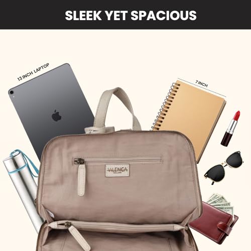 12.5 Inch Genuine Leather Backpack for Women and Men, Beige Leather Backpack with Adjustable Shoulder Strap - color: Beige