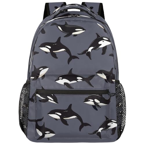 Kids School Backpack Cute Orcas Jumping Dark Gray Large Bookbag for Elementary Students Boys Girls Lightweight Travel Casual Daypack Water Resistant Outdoor Hiking Sport Rucksack - color: Cute Orcas Jumping Dark Gray