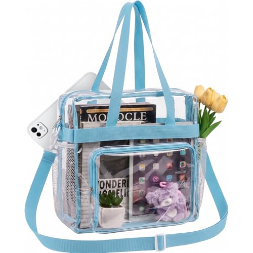 Clear Tote Bag for Stadium Events 12x6x12 inches, Triple-Pocket with Reinforced Strap, for Concert, Sport, Festival - color: Blue