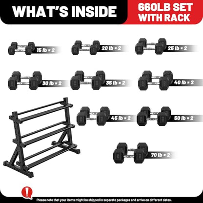 PAPABABE Hex Dumbbell Set with Rack, Rubber Encased Free Weight with Weight Storage Racks, Multiple Weight Options for Home Gym and Fitness - style: 660LB with 3-Tier Weight Rack