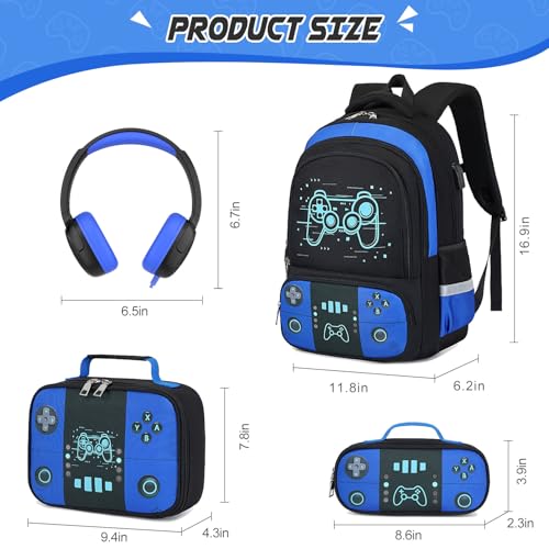 Bevalsa Backpack for School Boys,Cool Luminous Gamer Boys Backpacks with Wired Headphones Lunch Box Pencil Case,Kids Schoolbag for Kindergarten Elementary School(Blue Game Backpack with Headphones) - color: Blue Game, style: Backpack With Headphones