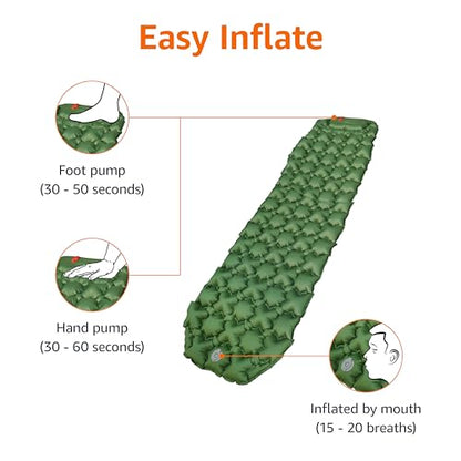 Amazon Basics Camping Sleeping Pad with Quick-Inflate Built-in Foot Pump, Water Resistant, Ultralight, Portable for Hiking and Backpacking, Olive Green