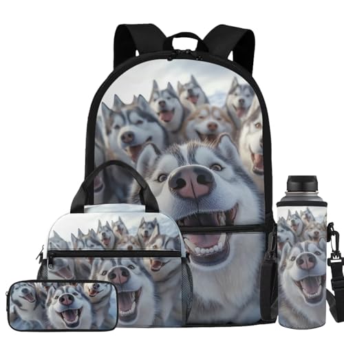 Dog Backpack for Kids Girls Backpack with Lunch Box Pencil Case and Water Bottle Holder Set 4 Pieces Cute Backpacks for Teen Girls Back to School Bags with Adjustable Straps - color: Dog