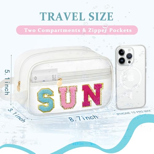 COSHAYSOO Clear SUN Makeup Bag Sunscreen SPF Pouch Beach Pool Lake Spa Travel Cosmetic Toiletry Stuff Organizer for Women Teenage Girls Mothers Day Nurse Appreciation Graduation Preppy Gifts - color: White-SUN