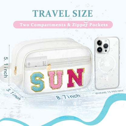 COSHAYSOO Clear SUN Makeup Bag Sunscreen SPF Pouch Beach Pool Lake Spa Travel Cosmetic Toiletry Stuff Organizer for Women Teenage Girls Mothers Day Nurse Appreciation Graduation Preppy Gifts - color: White-SUN
