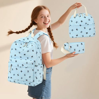 LEDAOU Kids Backpack for Girls Backpacks with Lunch Box, Lightweight Bookbag Set Elementary Middle School Back pack for 8-14 - color: Blue Bow