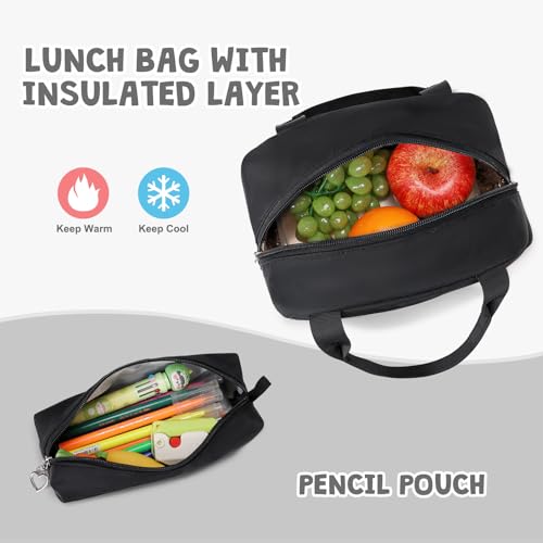 ACESAK Backpack for Girls - Girls Backpack with Lunch Bag & Pencil Pouch for Teen Kids Laptop Backpack for Women, Elementary Middle High School Bookbag Travel Daypack (Black) - color: Black