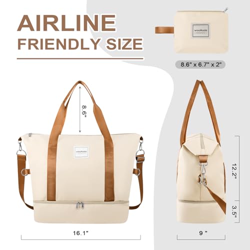 WOOMADA Weekender Bag for Women, Travel Duffel Bags with Shoe Compartment & Wet Pocket, Personal Item Bag for Airlines - color: Beige&brown