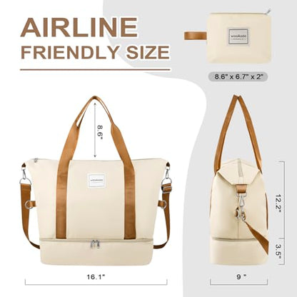 WOOMADA Weekender Bag for Women, Travel Duffel Bags with Shoe Compartment & Wet Pocket, Personal Item Bag for Airlines - color: Beige&brown