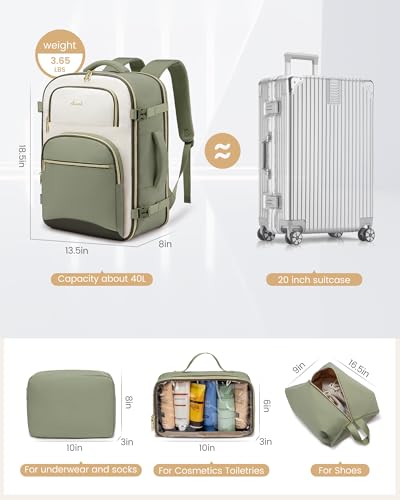 LOVEVOOK Travel Essentials Carry on Backpack 40L Travels Backpack for Women,Waterproof TSA Personal Item Travels Bag Airline Flight Approved,Large Carry on Luggage Laptop Backpack with Packing Cubes - color: Bean Green - Light Yellow - Dark Olive Green, s