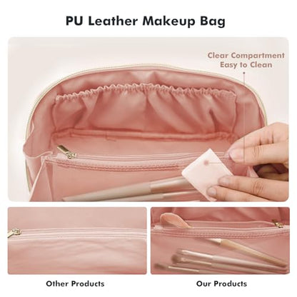 Prite Makeup Bag for Women Travel Waterproof Vegan Leather Cosmetic Bag Open Flat Toiletry Bag With Clear Divider and Handle (Pink, Medium) - color: Pink, size: Medium