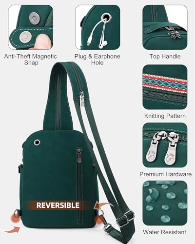 FADEON Large Sling Bag for Women, Designer Leather Crossbody Purse Convertible Sling Backpack, Anti Theft Daypack for Travel - color: Dark Green Nubuck Style