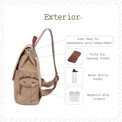 TSD Brand Canvas Backpack Lightweight Travel Daypack Carry On Laptop Backpack Hiking Casual Daypack Backpack (Khaki) - color: Khaki