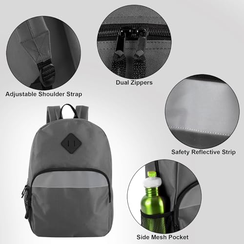 Trail maker (24 Pack) 17" Backpack – Reflective School Backpack with Padded Straps, Water Bottle Pockets for Kids & Adults, School Travel Camp (Grey) - color: Grey