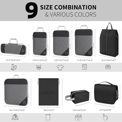 9-Set Packing Cubes with Hanging Bag | 9-Size Combination, Mesh Fabric & Reflective Stripe | Travel Luggage Organizers (Black) - color: Black