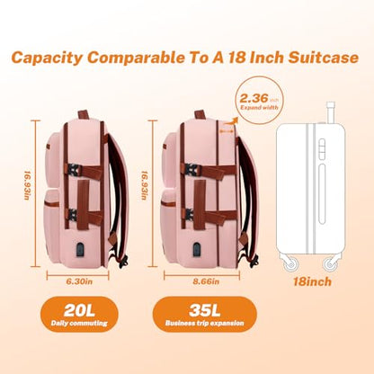 Expandable Travel Backpack Women Men with USB Charging Port, 15.6 Inch Laptop Backpack Waterproof Carry on Flight Approved for Travel Work Hiking College, Pink - color: Pink