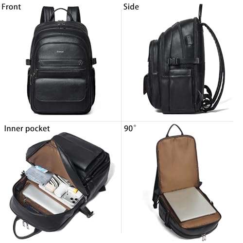Vegan Leather Backpack, TSA Travel Backpack for Men and Women, Fits 17.0 Inch Notebook with Luggage Strap and USB Port, Black - color: Black