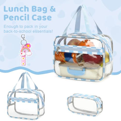 ACESAK Clear Backpack for Girls - 3 Pcs Clear Backpack Heavy Duty with Lunch Bag - See Through Bookbag Stadium Approved for Kids Middle High College School(Blue Checkerboard) - color: Blue Checkerboard