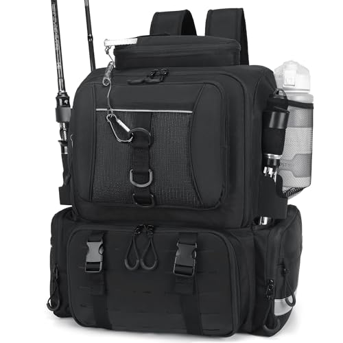 WANOON Fishing Backpack,Tackle Bag,with Tackle Boxes. Large Fishing Bag, Strong Materials | Waterproof Fishing Bag,adjustable divider, hideable shoulder straps, SBS anti-rust zippers, for kayak bank fishing - color: Black, size: 42L-With Tackle Boxes