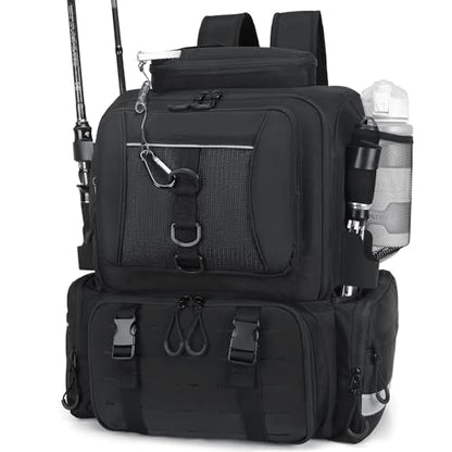 WANOON Fishing Backpack,Tackle Bag,with Tackle Boxes. Large Fishing Bag, Strong Materials | Waterproof Fishing Bag,adjustable divider, hideable shoulder straps, SBS anti-rust zippers, for kayak bank fishing - color: Black, size: 42L-With Tackle Boxes