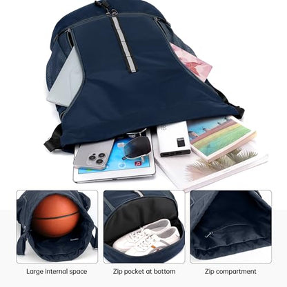 Sport Gym Bag Drawstring Backpack Beach Bag for Men Women with Shoe Compartment and Reflective Strips (Dark blue) - color: Dark Blue