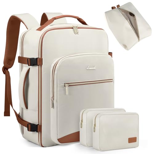 LOVEVOOK 50L Travel Backpack for Women Men,Waterproof Airline Approved Carry On Luggage Travel Essentials,TSA Carry On Backpack Personal Item Travel Bag Suitcase Weekender Traveling with Packing Cubes - color: Beige-brown, size: X-Large-50L-4Pcs