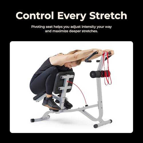 Sunny Health & Fitness Full Body Stretch Machine for Home Gym, Back Stretcher & Flexibility Trainer with Pivoting Seat, Foam Rollers, Safety Straps, Handlebar & SunnyFit App - color: Gray